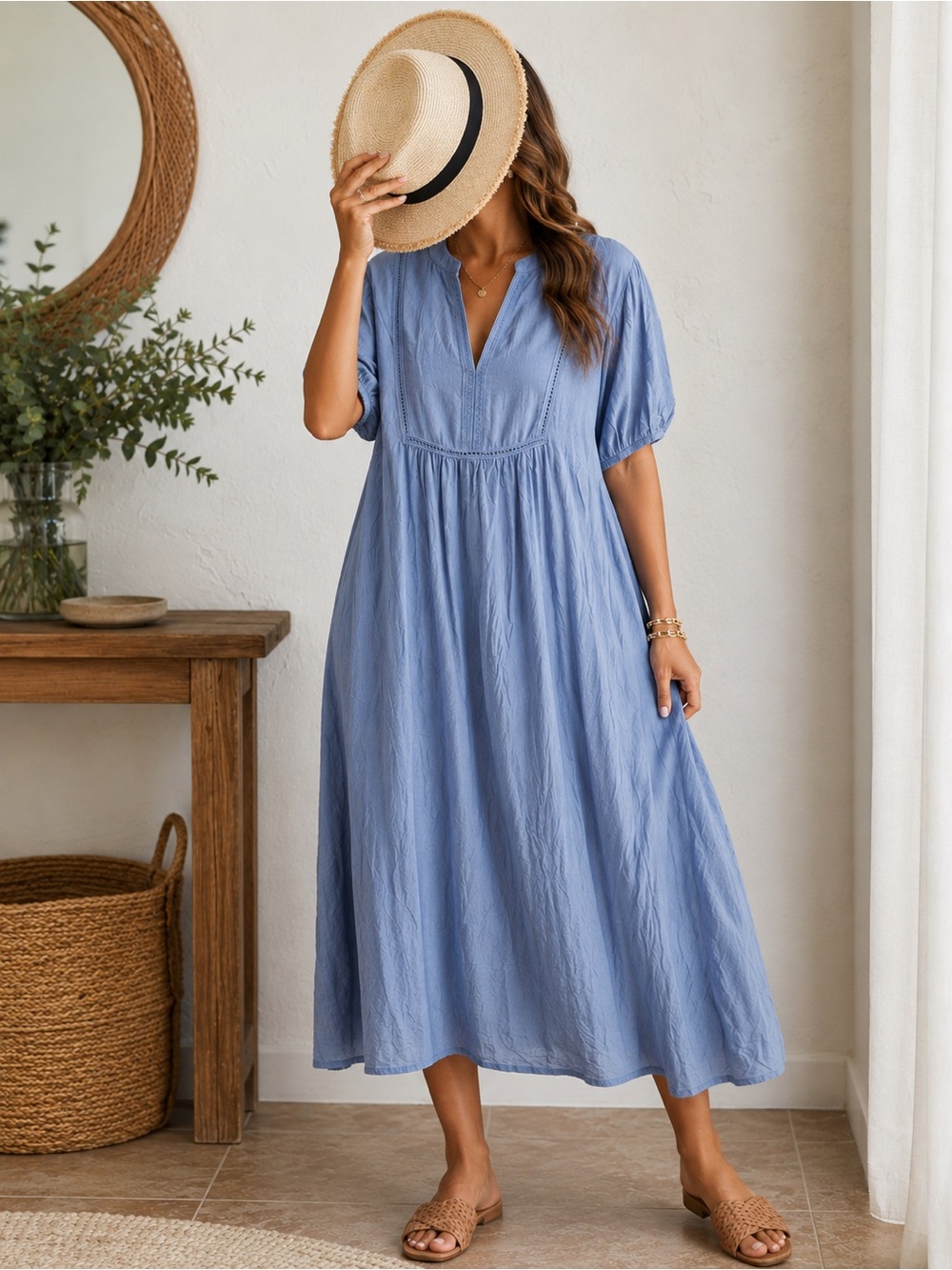 Light Blue V-Neck Maxi Denim Dress Boho Summer Casual